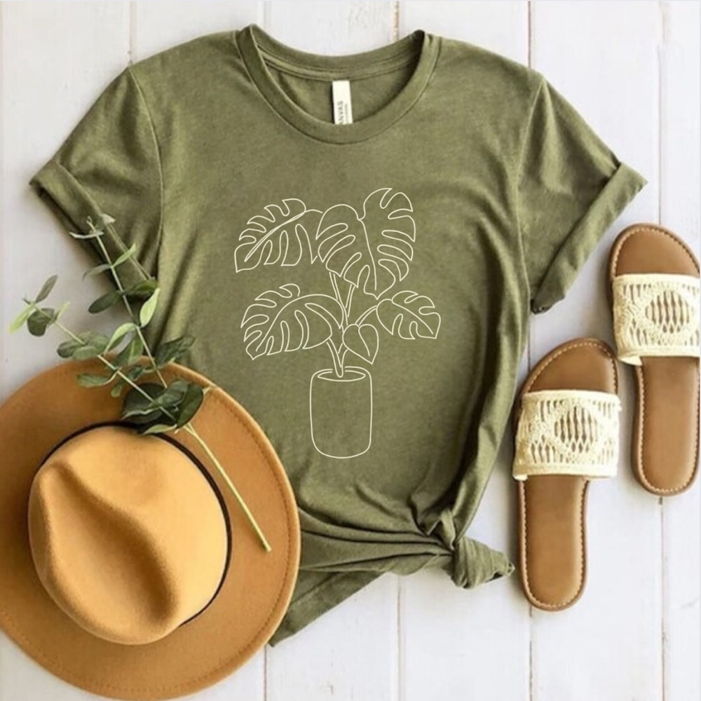 Monstera Plants Crew Neck Short Sleeve Tee Shirt